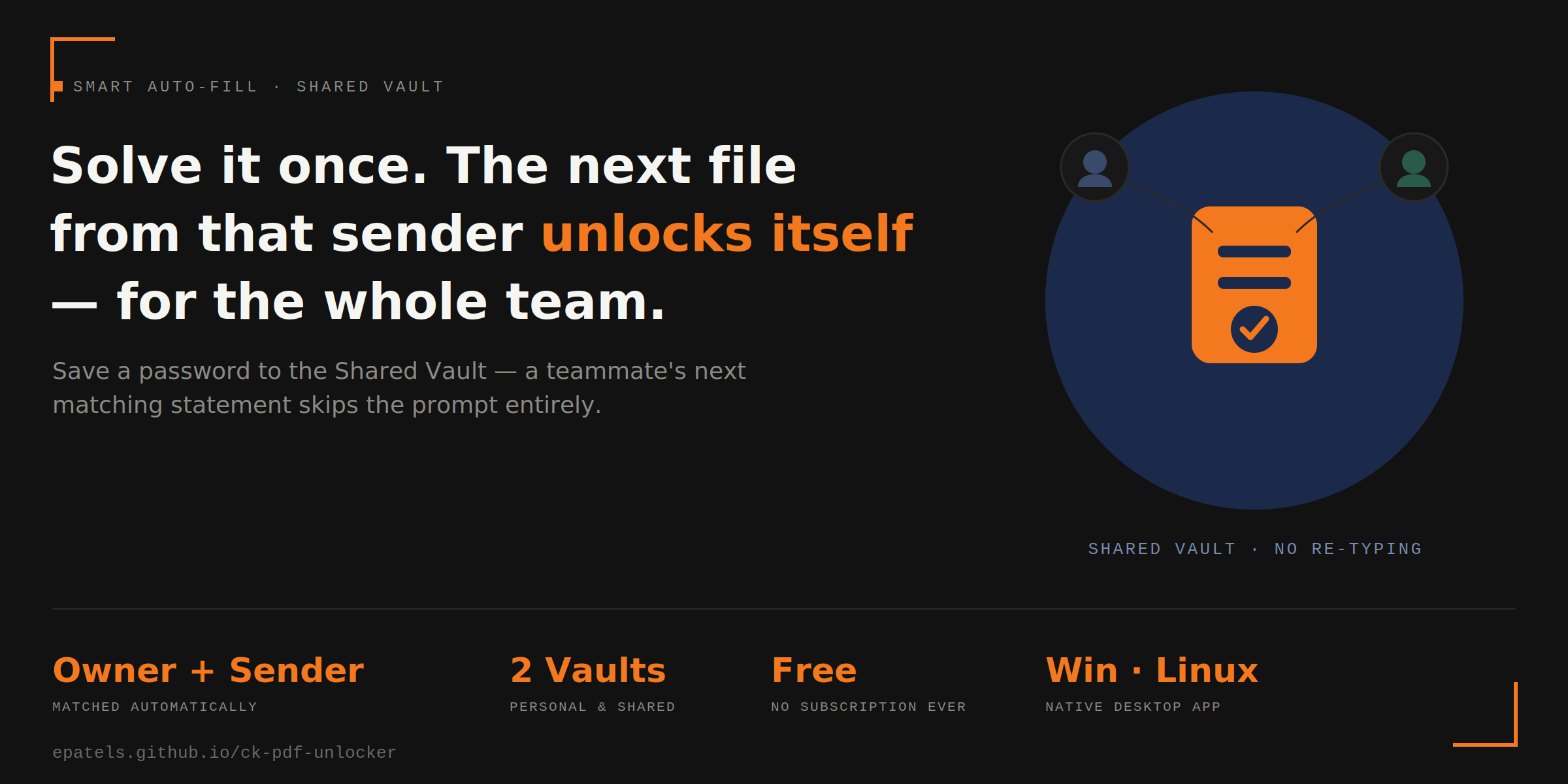 Solve it once. The next file from that sender unlocks itself — for the whole team.