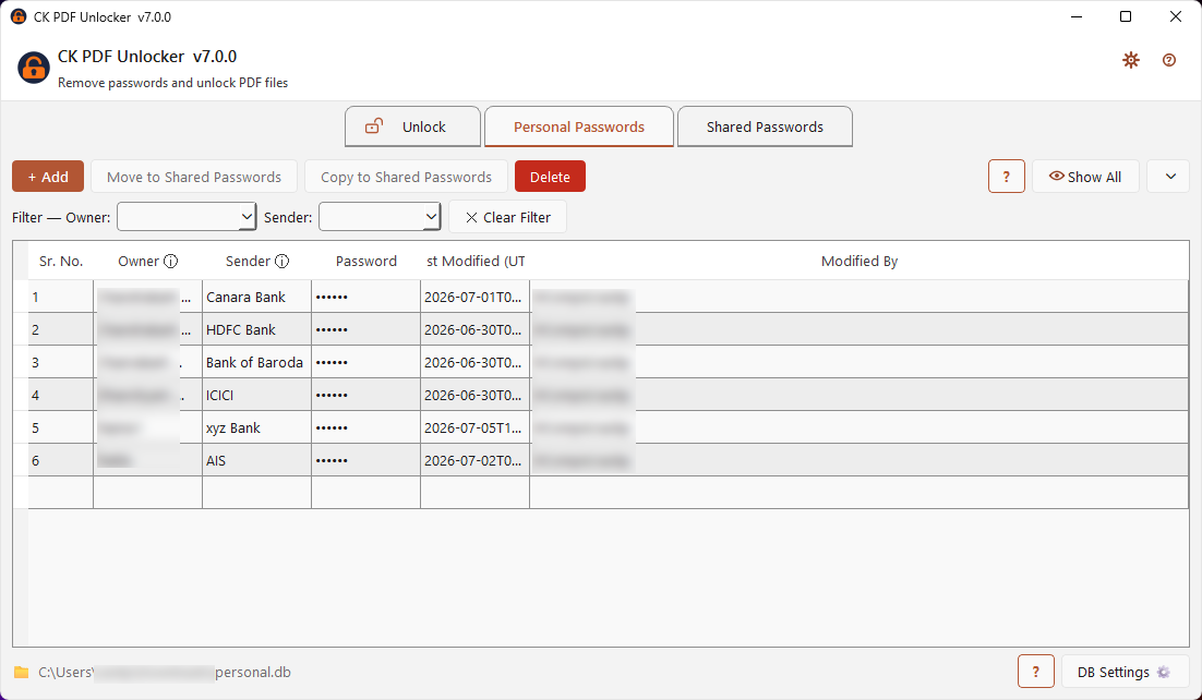 Personal Passwords vault screen