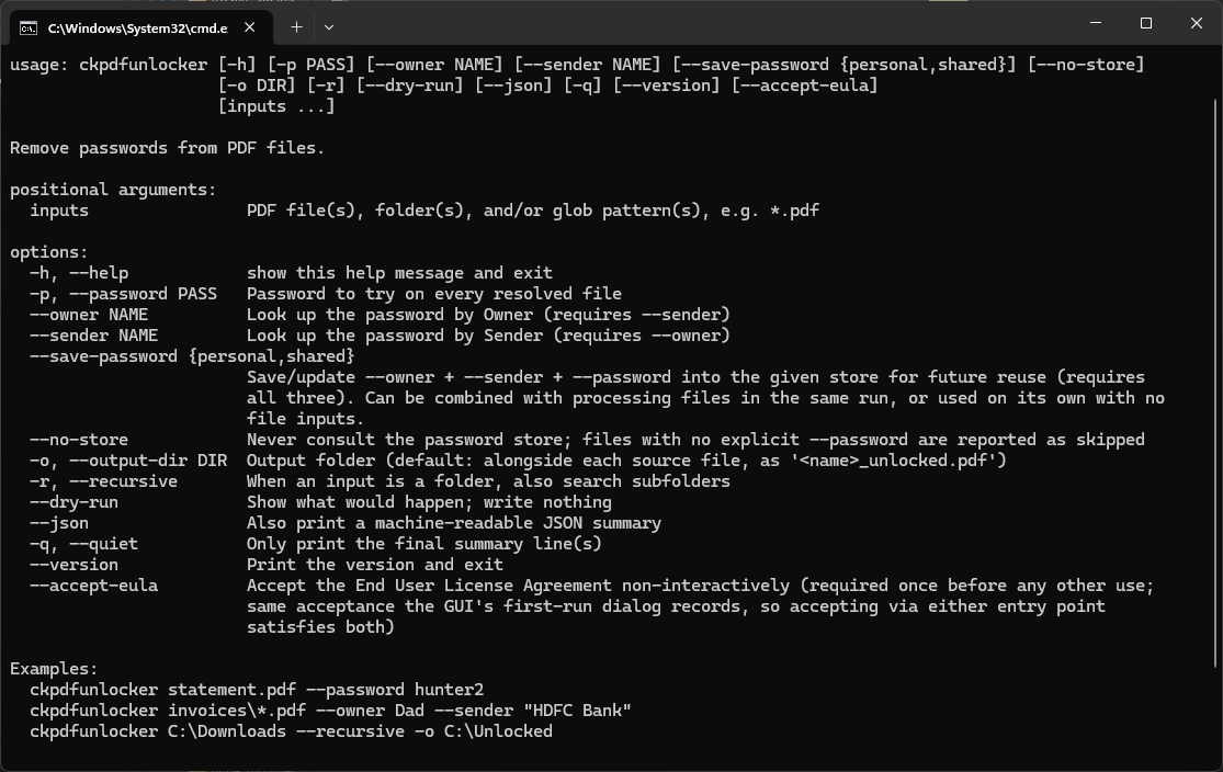 ckpdfunlocker CLI help output